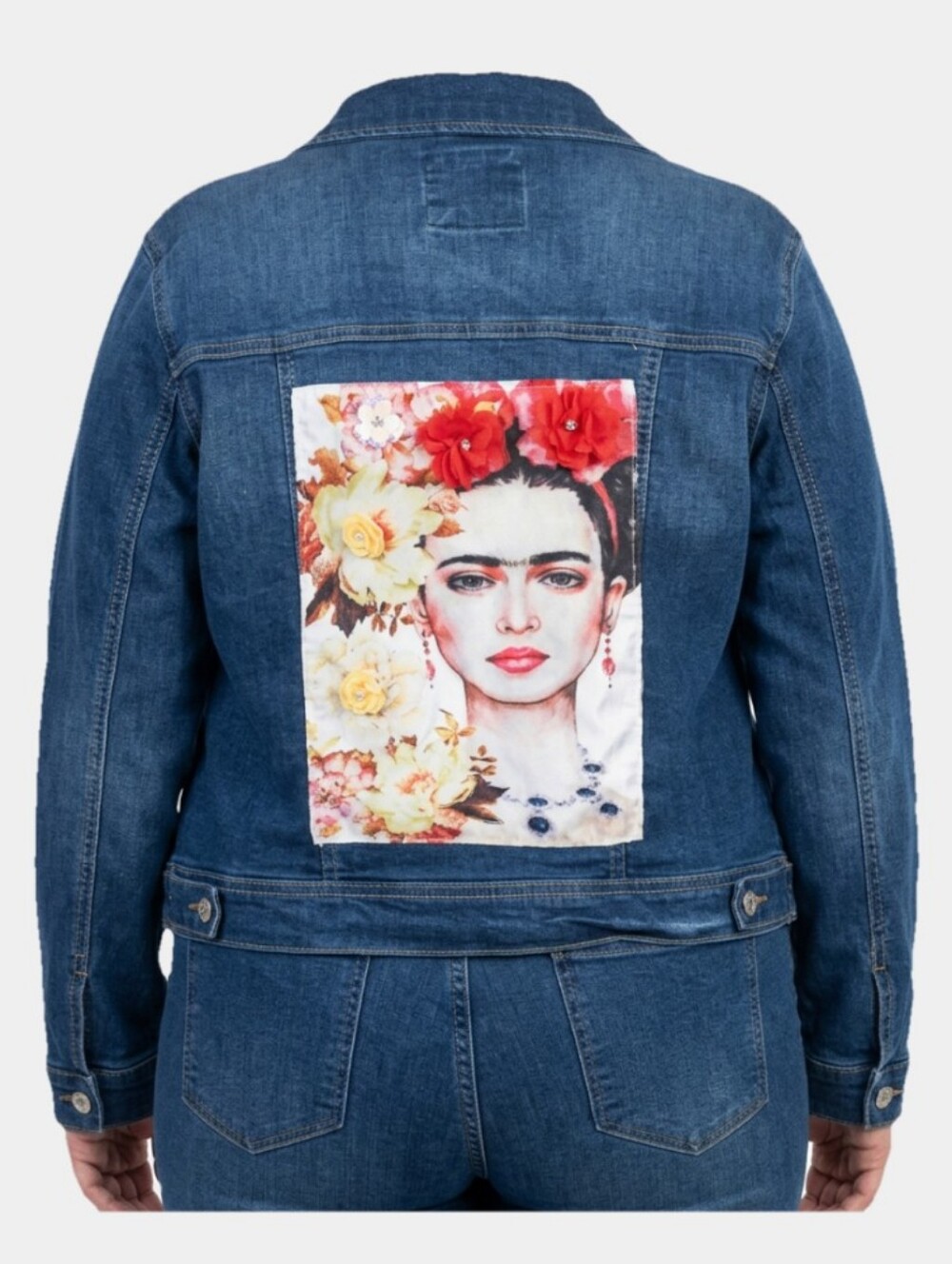 Frida Kahlo Upcycled Wax Jeans Long Sleeve Button Down Denim Jacket Size XXL